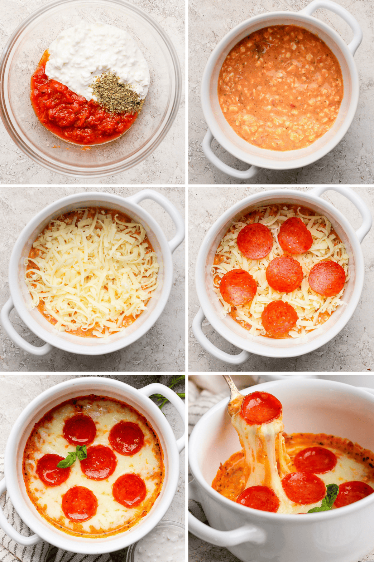 Lépésről lépésre fotók egy pepperoni pizza mártásáról sajttal, mártással és pepperonival, kerek fehér ételben sütve.
