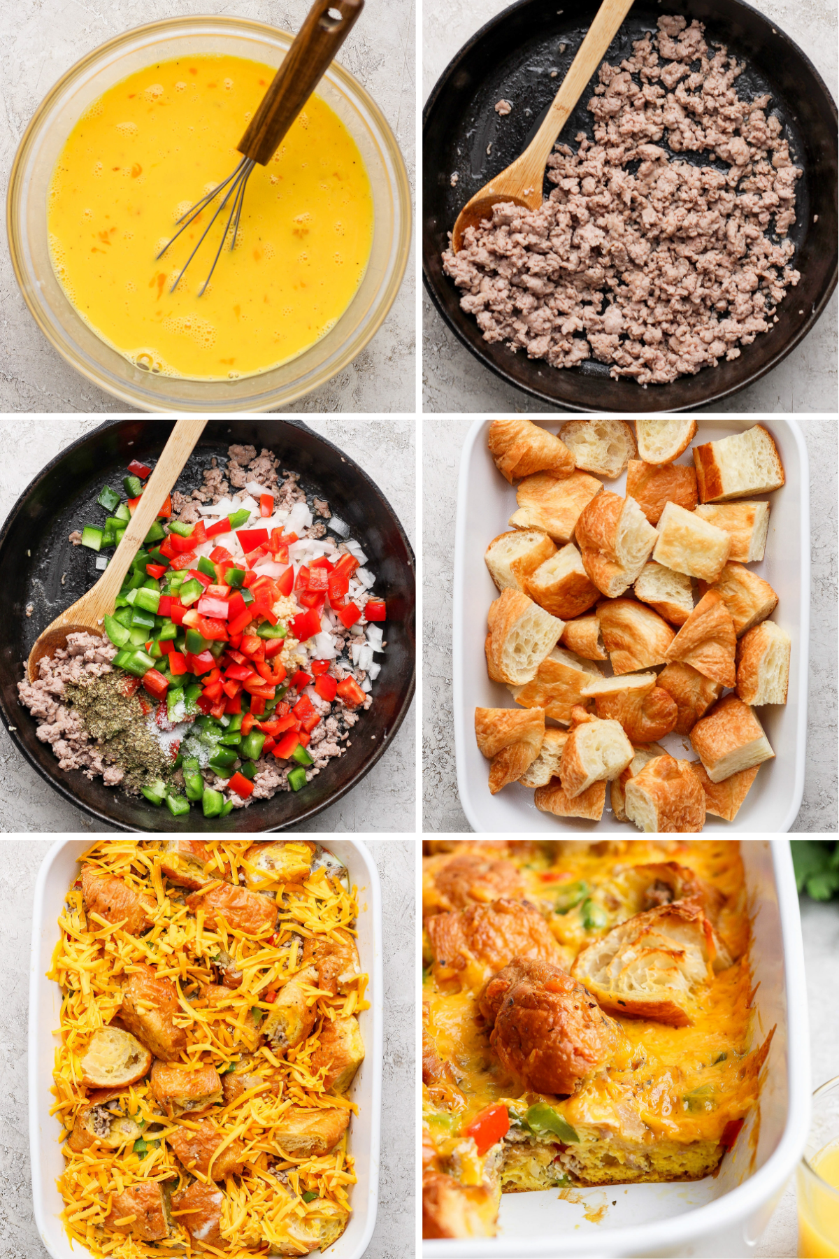 Step-by-step assembly of an egg, sausage, and vegetable casserole with bread cubes and cheese, before and after baking.