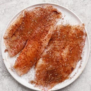 Two raw fish fillets on a white plate, seasoned with a reddish-brown spice mix and coarse salt, placed on a light textured surface.