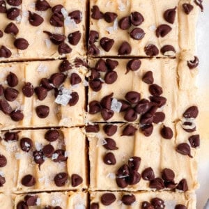 Squares of peanut butter fudge topped with chocolate chips and flaky sea salt, arranged in a grid pattern.