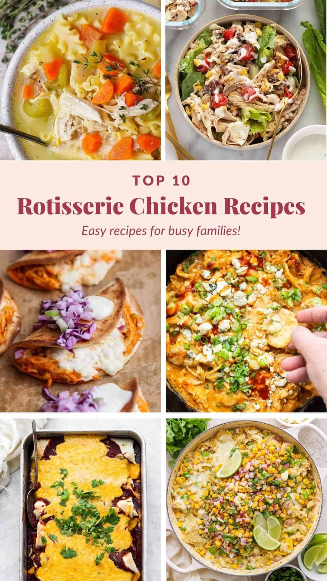 A collage of six dishes featuring rotisserie chicken, with a text banner reading 