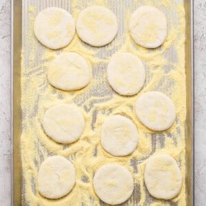 A baking sheet with twelve round, uncooked dough pieces on a layer of cornmeal, ready to be baked.