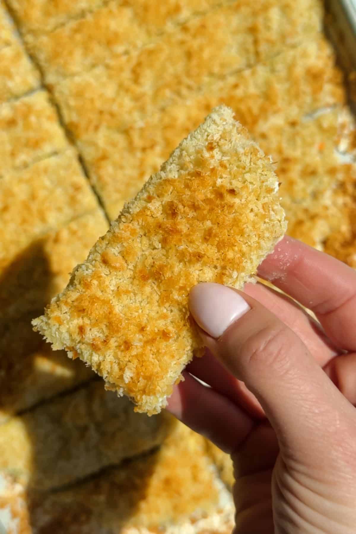 Baked chicken protein bars with crispy golden panko crust on a serving tray