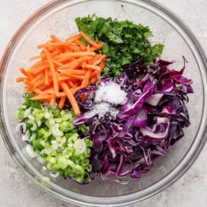 A glass bowl with shredded red cabbage, sliced green onions, julienned carrots, chopped cilantro, and salt on a light surface.