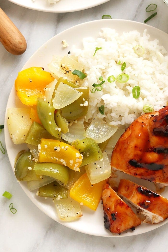 Plate of easy grilled peppers and onions