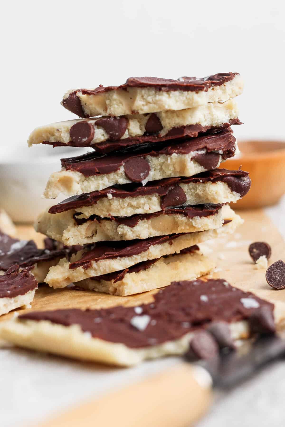 cottage cheese cookie dough bark stacked to show layers of dough and chocolate