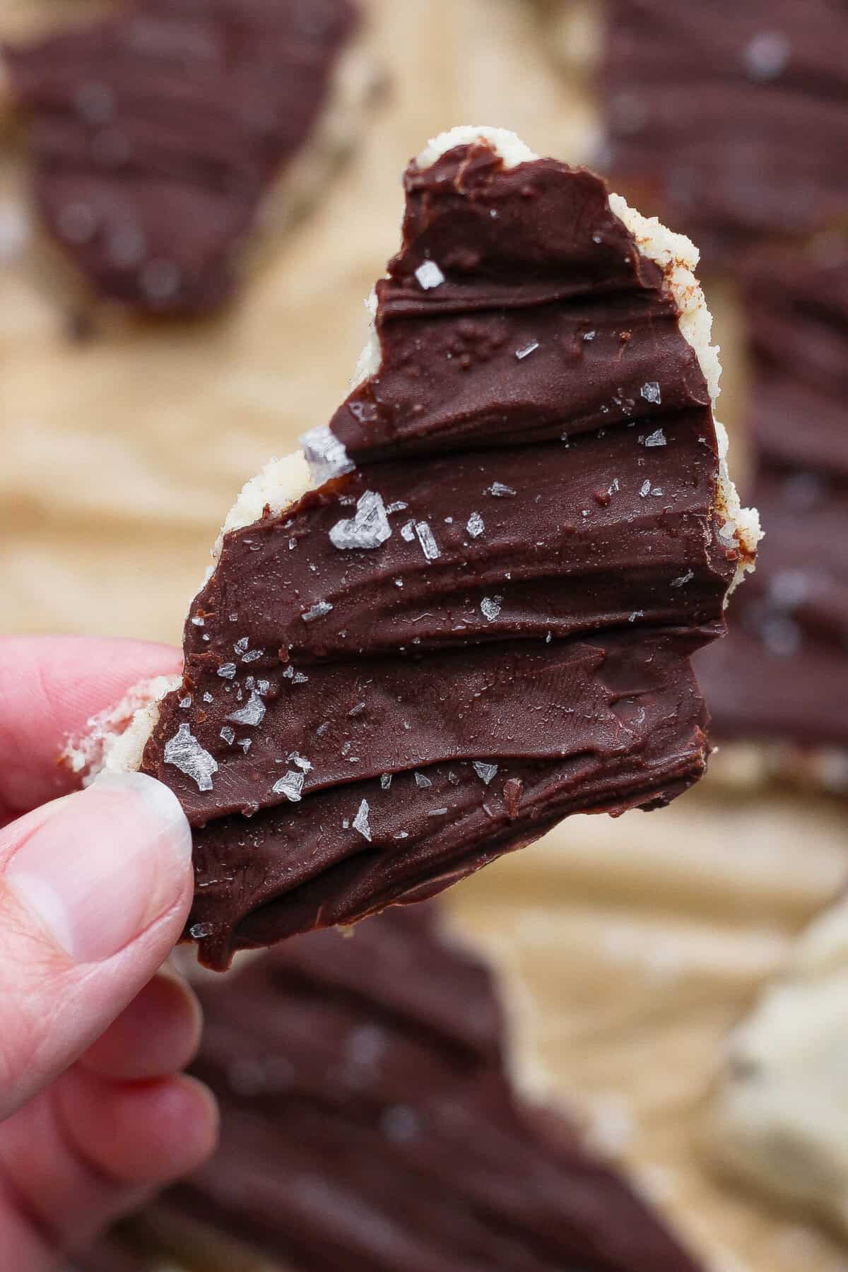hand holding a piece of cottage cheese cookie dough bark with sea salt