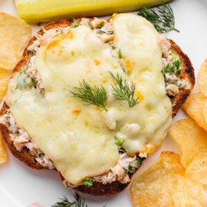healthy tuna melt with cottage cheese served with chips and pickle
