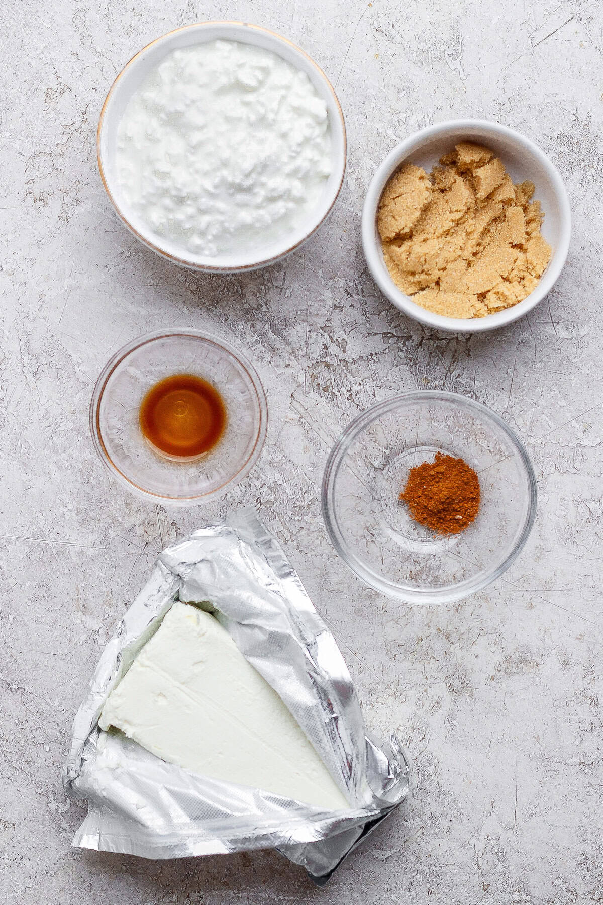 apple dip ingredients flatlay with cream cheese and cottage cheese