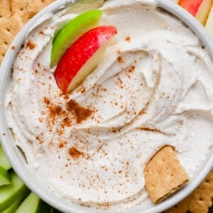 apple dip topped with apple pie seasoning square
